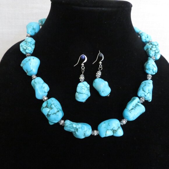 Vintage Turquoise Dyed Howlite Nugget Necklace Earring Set Silver Crystal Accent - Picture 13 of 16